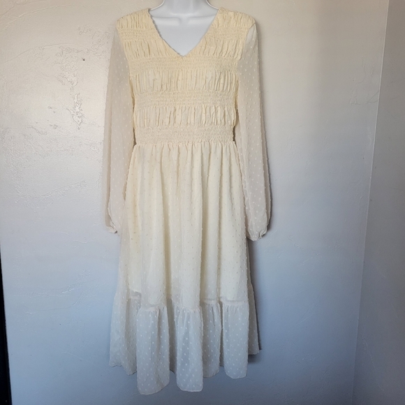 Doublju NWT Ivory White Swiss Dot Dress Long Sleeve Midi V-neck Smocked Bohemian - Picture 1 of 10